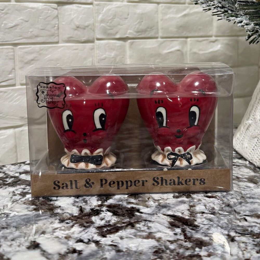 Johanna Parker Male Female Red Hearts Valentine Ceramic Salt Pepper Shaker Set